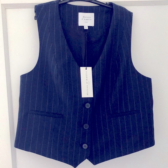 NWOT - Maison D’Amelie Paris (L) Dressy Striped Suit vest button down - Picture 4 of 11